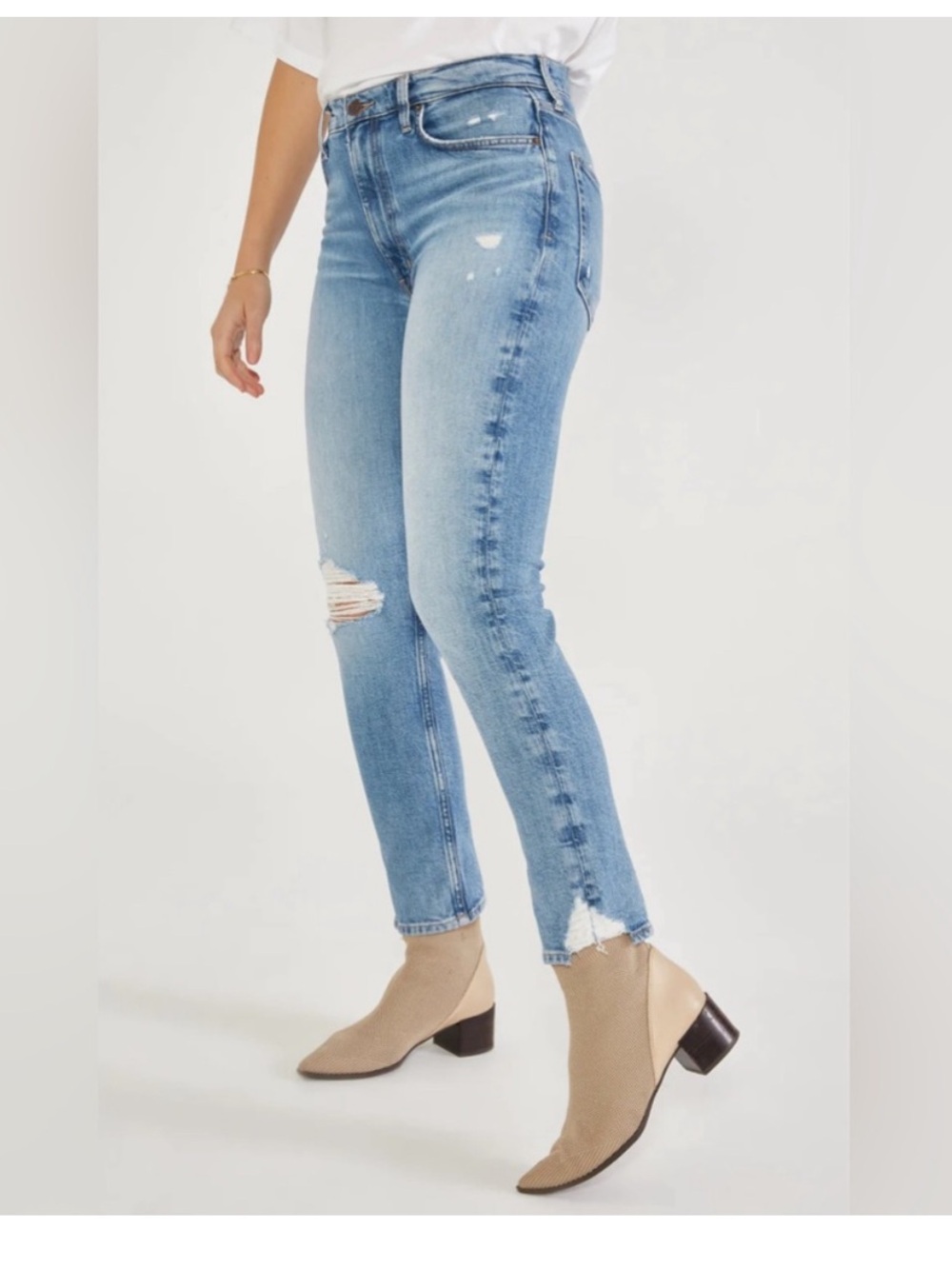 $188 Etica scarlet mid rise slim jean in light wash distressed organic 24